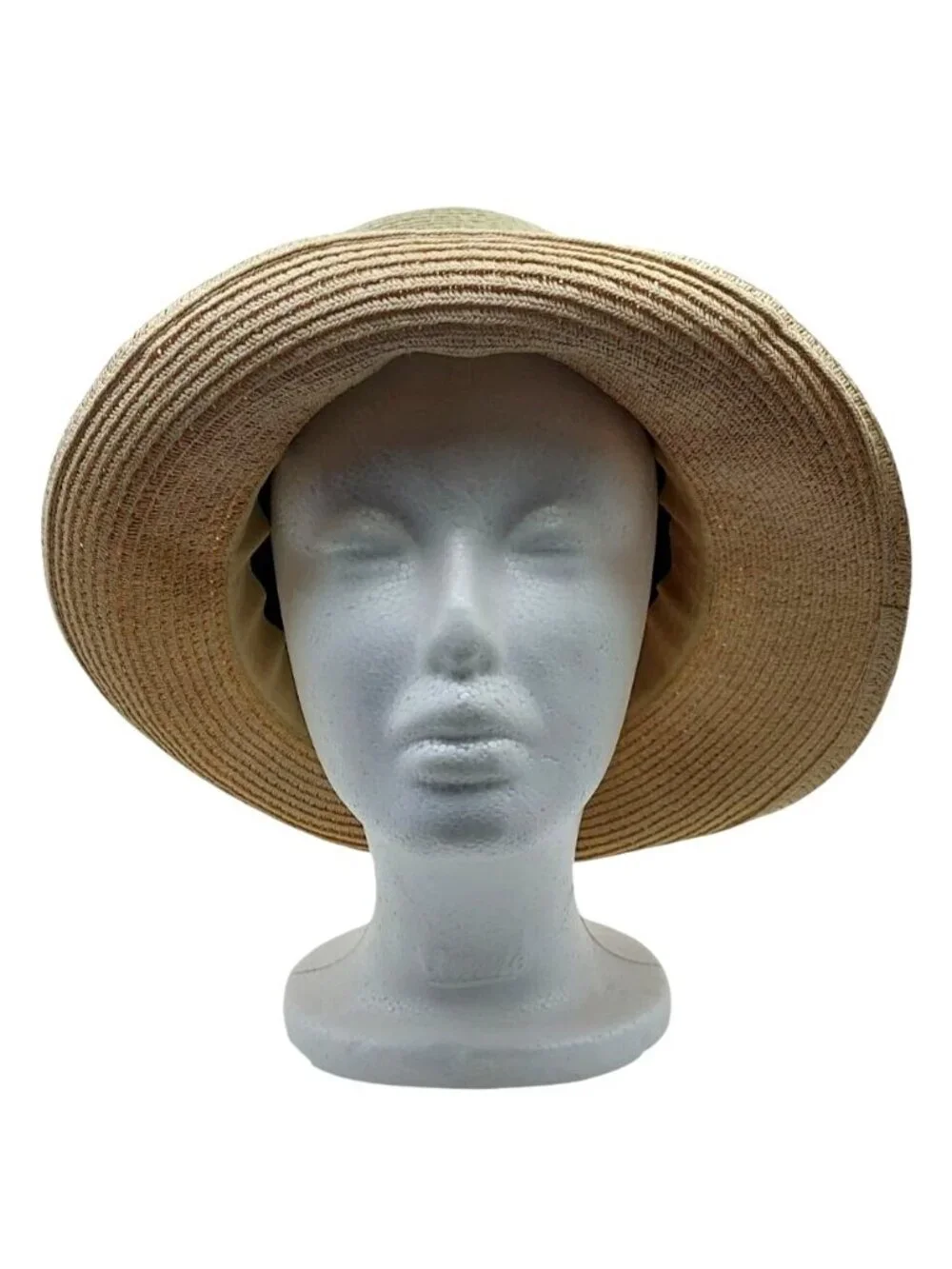 Womens Beige Straw Hat Wide Grosgrain Ribbon Band & Fabric Flower Summer Boho